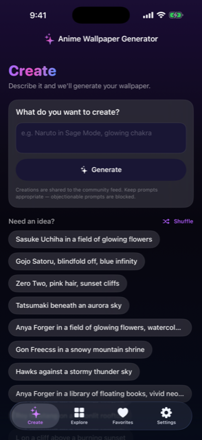 Create tab with a prompt field and idea chips